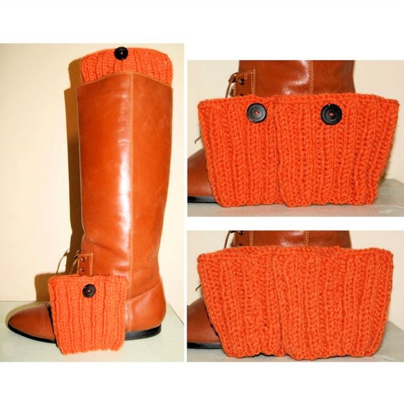 Fingerless Gloves Boot Cuffs & Twist Headband Set Hand Knit Pumpkin Burnt Orange - Picture 5 of 9